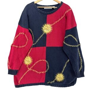 VTG Maggie Lawrence Colorblock Sunburst Chain Embroidery Sweater Navy Red 26/28